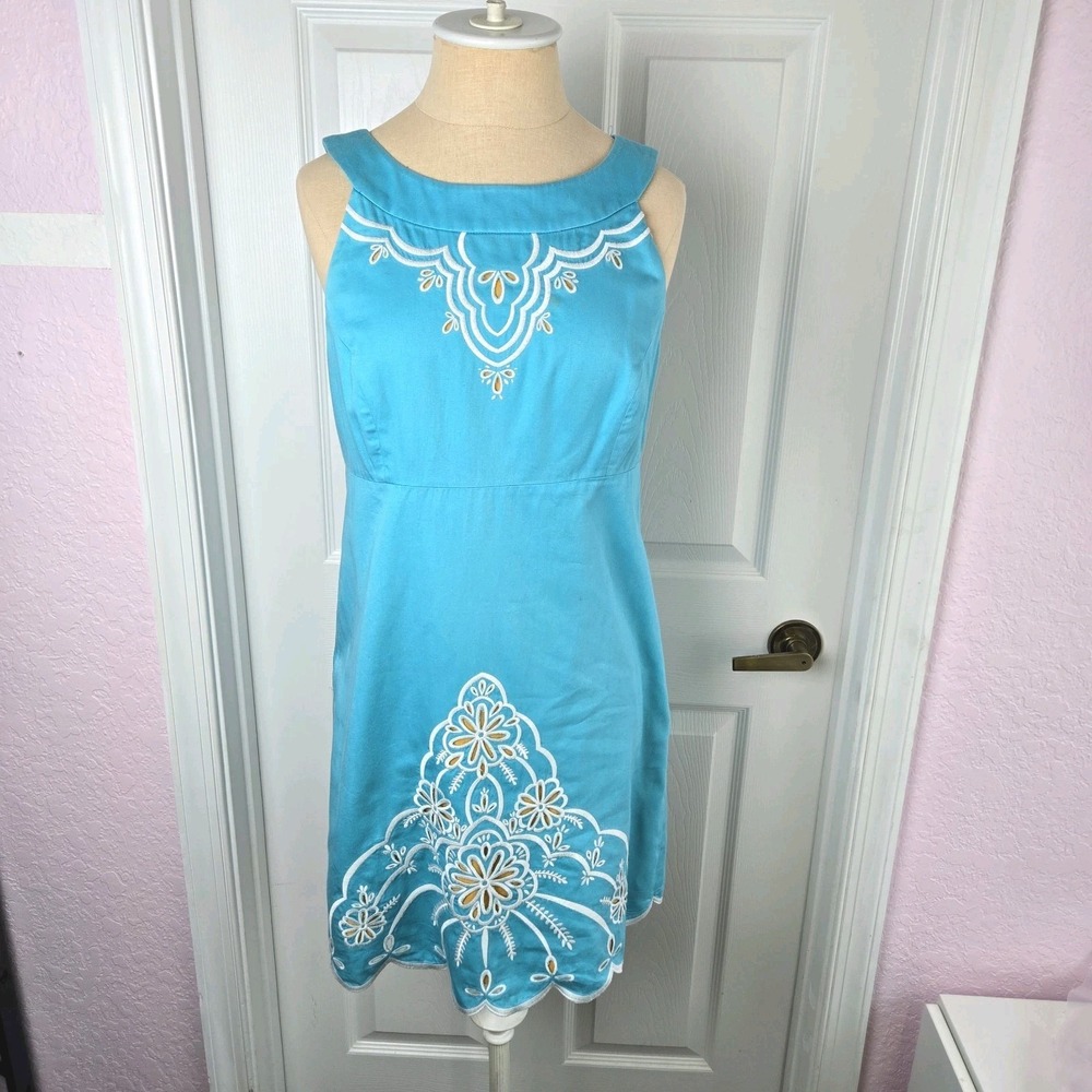 Lilly Pulitzer Jacqueline Blue Scallop Embroidery Cutout Shift Mini Dress Size 4